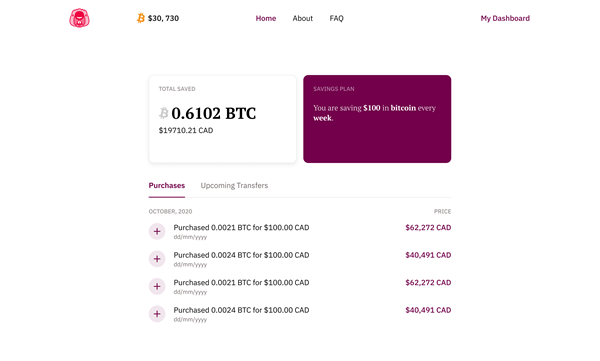 Beaver Bitcoin dashboard for users showing a feed of completed bitcoin purchases