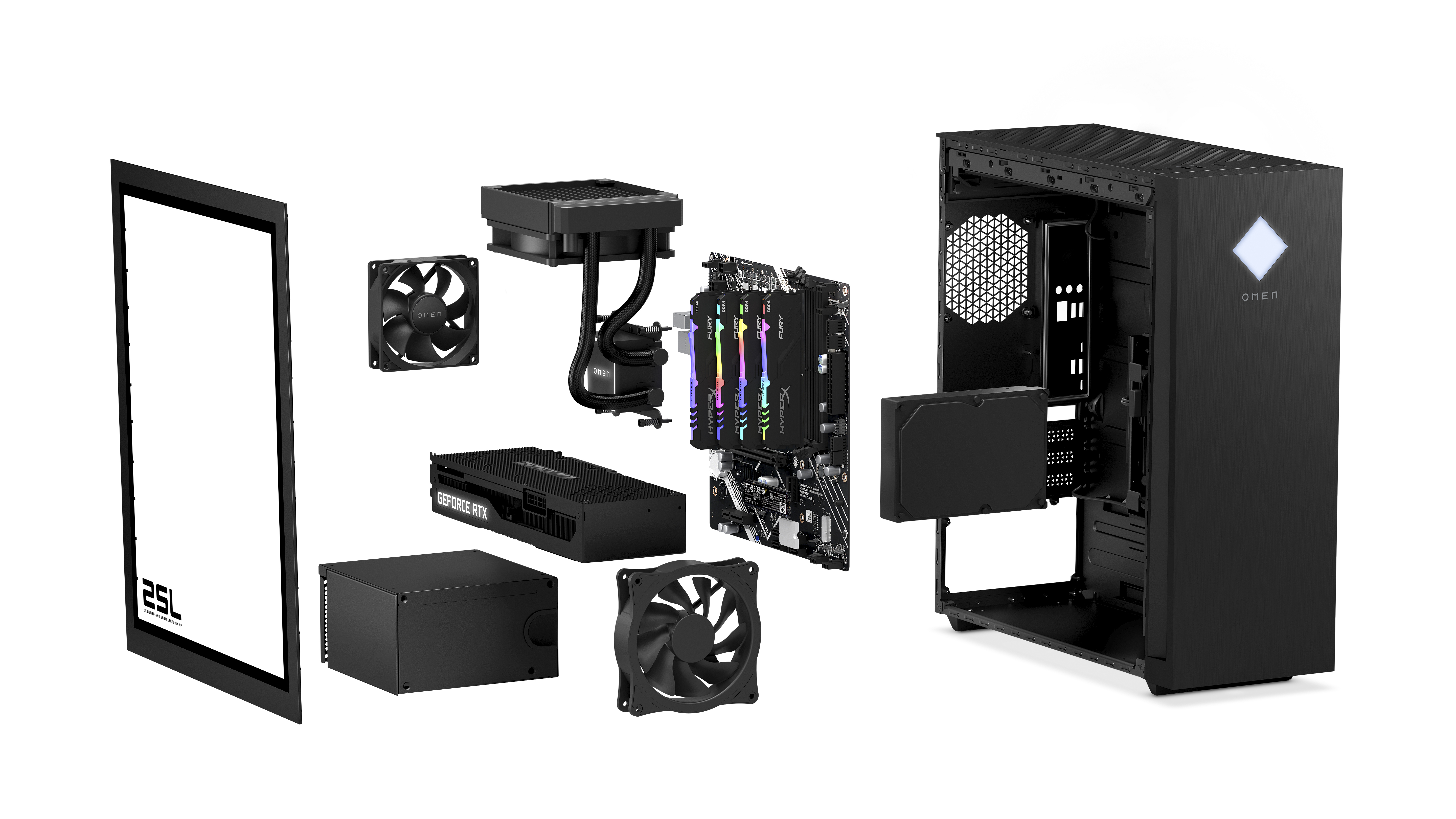 The OMEN 25L Desktop continues to cater to DIY upgradability with space for an industry standard Micro ATX motherboard, two M.2 PCIeGen SSD slots + one 2.5/3.5 storage tray, three fan locations, four DDR4 memory DIMM slots, and up to a 155m ATX power supply.