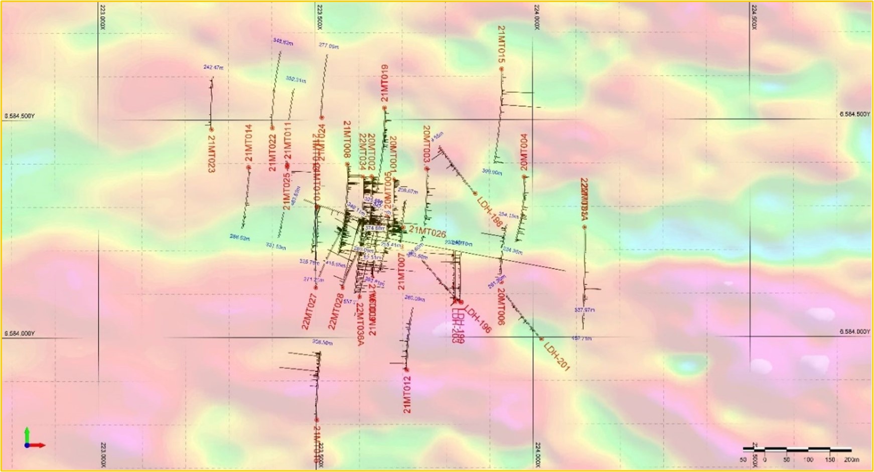 Plan map of Matilde gold discovery showing location of drill holes relative to magnetic anomaly.