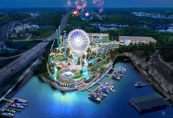 Image shows a rendering of a proposed entertainment complex at Lake of the Ozarks Missouri with a ferris wheel and amusement rides