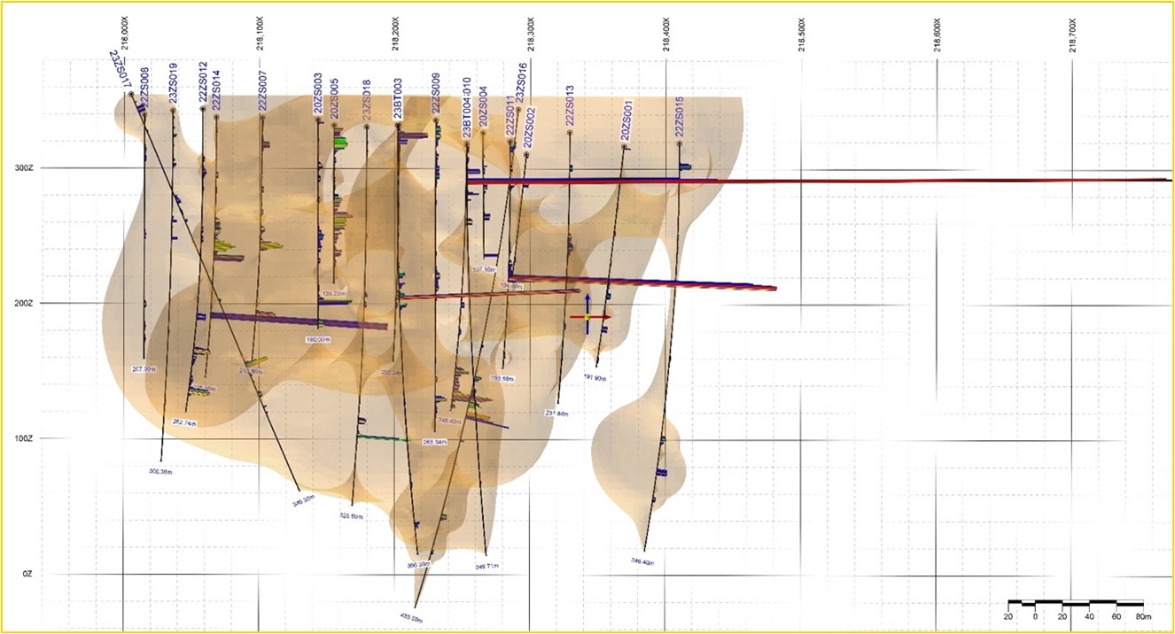 Long section of drill holes and assay results for Zeca Souza Discovery looking north.