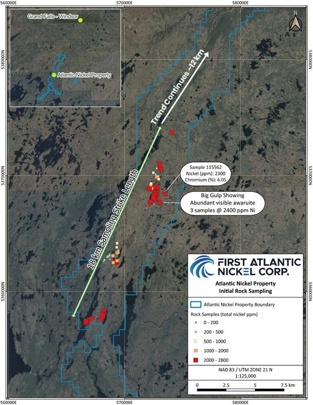 Atlantic Nickel initial sampling confirms high nickel values over southern extent of the 30 km trend, towards historic drilling at furthest north area.