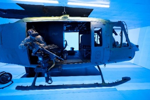 Kratos’ UH-1 Multi-Position Aircrew Virtual Environment Trainer (MP-AVET) enclosed in a Kratos mixed reality holodeck
