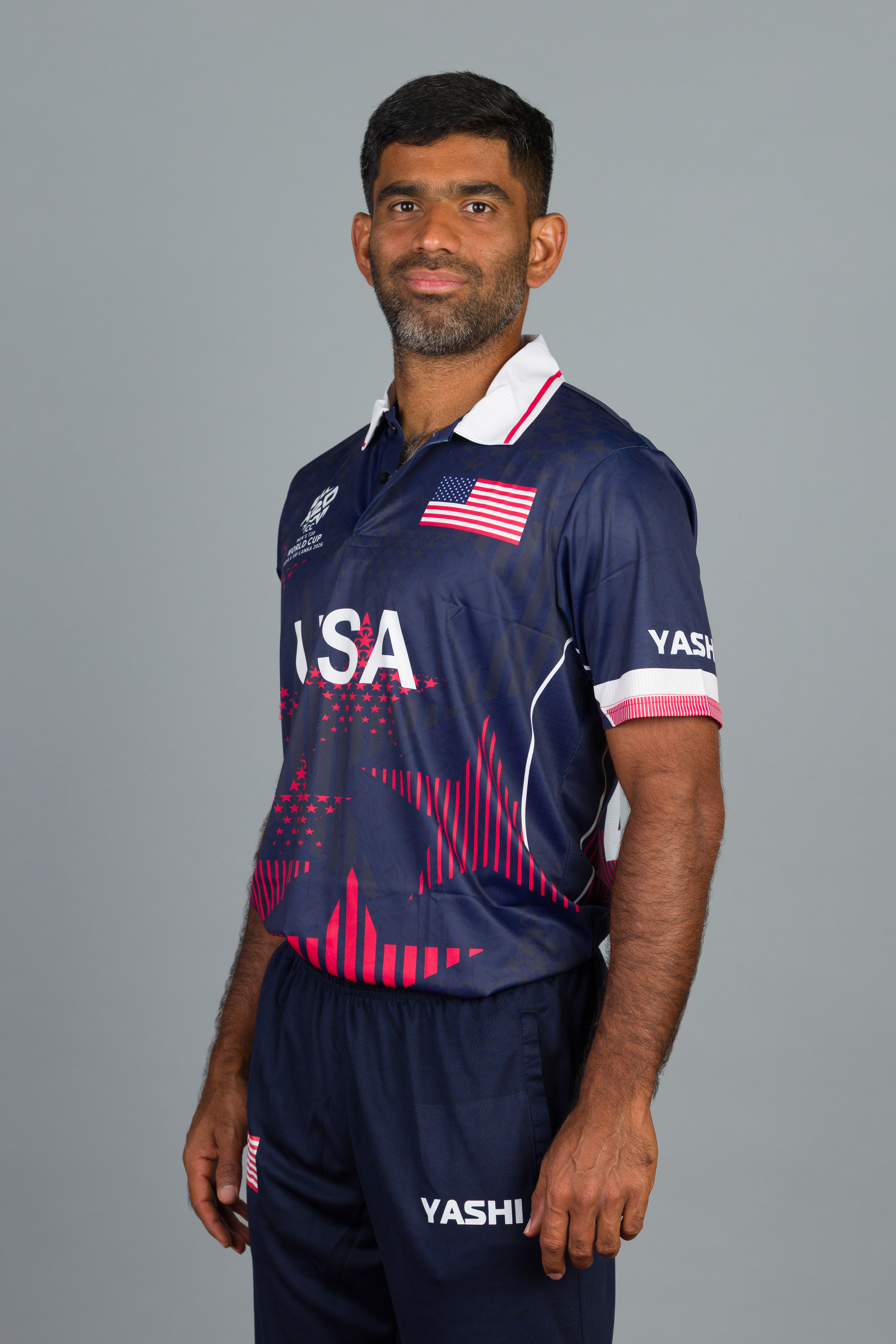 Saurabh Netravalkar wearing a USA Cricket team uniform.