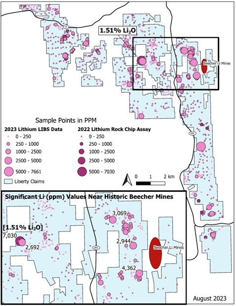 Surface sample results: 2023 LIBS and 2022 Assays for the Liberty Project