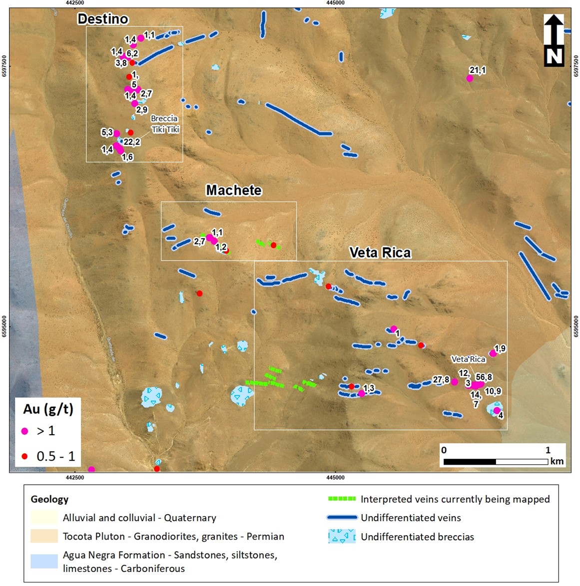 Geologic map showing veins, breccias and gold in rock chip samples across the Veta Rica, Destino and Machete target areas.    Mapping and sampling have identified multiple mineralised veins at Veta Rica, Machete and Destino, and mapping is currently underway to define a potential new target in the top right of the map (21 g/t Au).