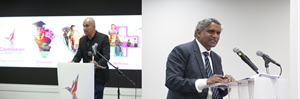 In photos left-right Garvin Medera, CEO, Caribbean Airlines gives remarks during the launch of the airline’s sustainability programme. Dr. Fazal Ali, former Chairman of the Teaching Service Commission of Trinidad and Tobago was the keynote speaker
