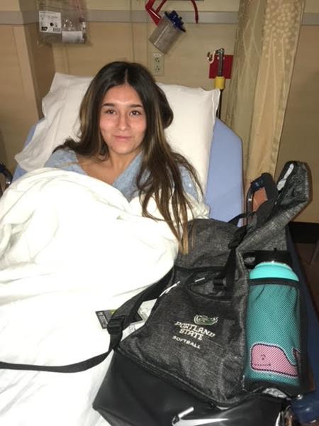 Softball player Ariana Abalos in 2018 at Dignity Health St. Joseph's Hospital and Medical Center in Phoenix for surgery to treat Thoracic Outlet Syndrome by Norton Thoracic Institute surgeon, Samad Hashimi, MD. Told by some doctors that her playing career likely was over, Abalos returned to play in 2020 and 2021 at Portland State University.