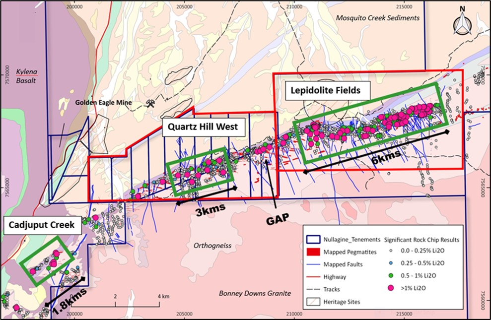 Lepidolite Fields and Quartz Hill West exploration areas identified through mapping and surface sampling.