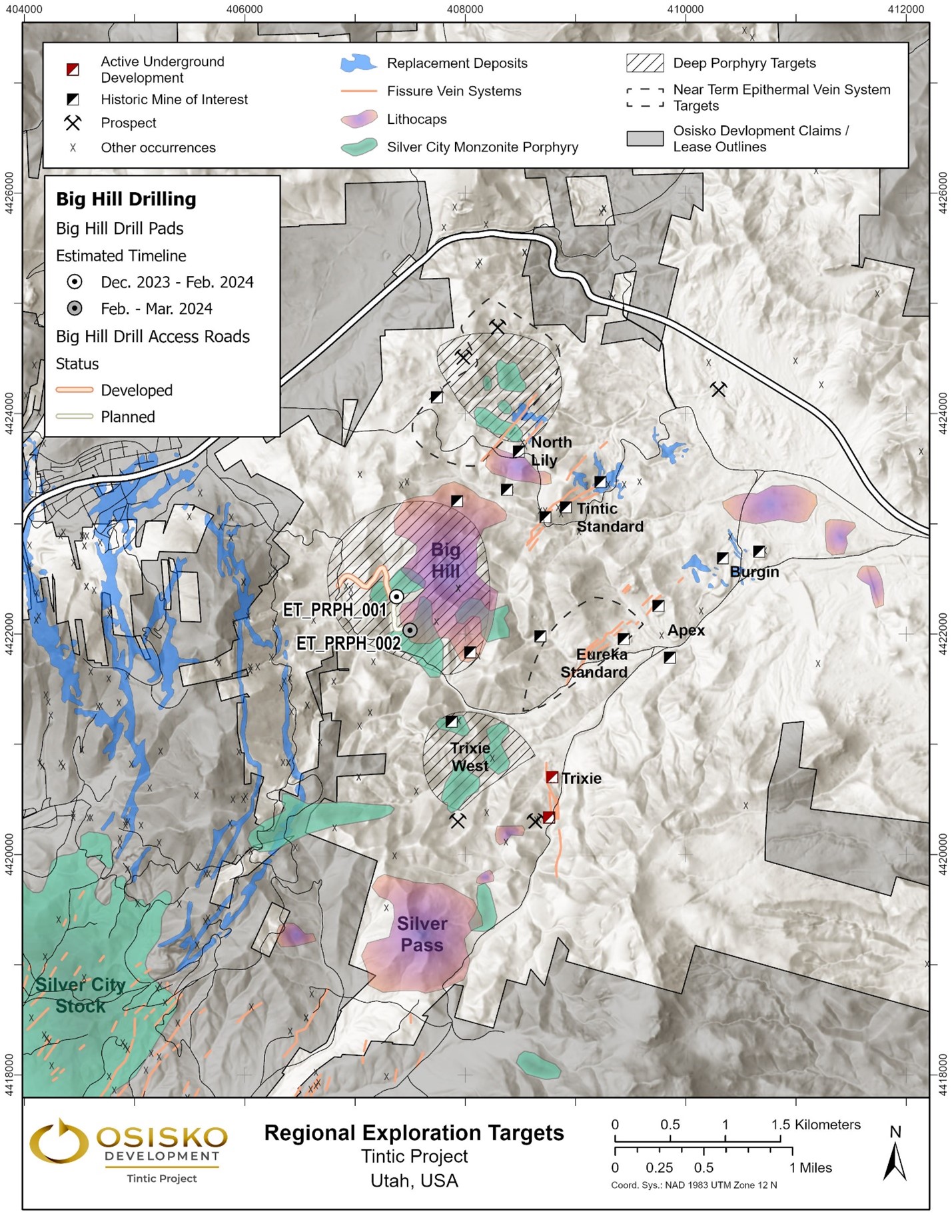 Lithocap highlights of porphyry target areas and drill pad locations