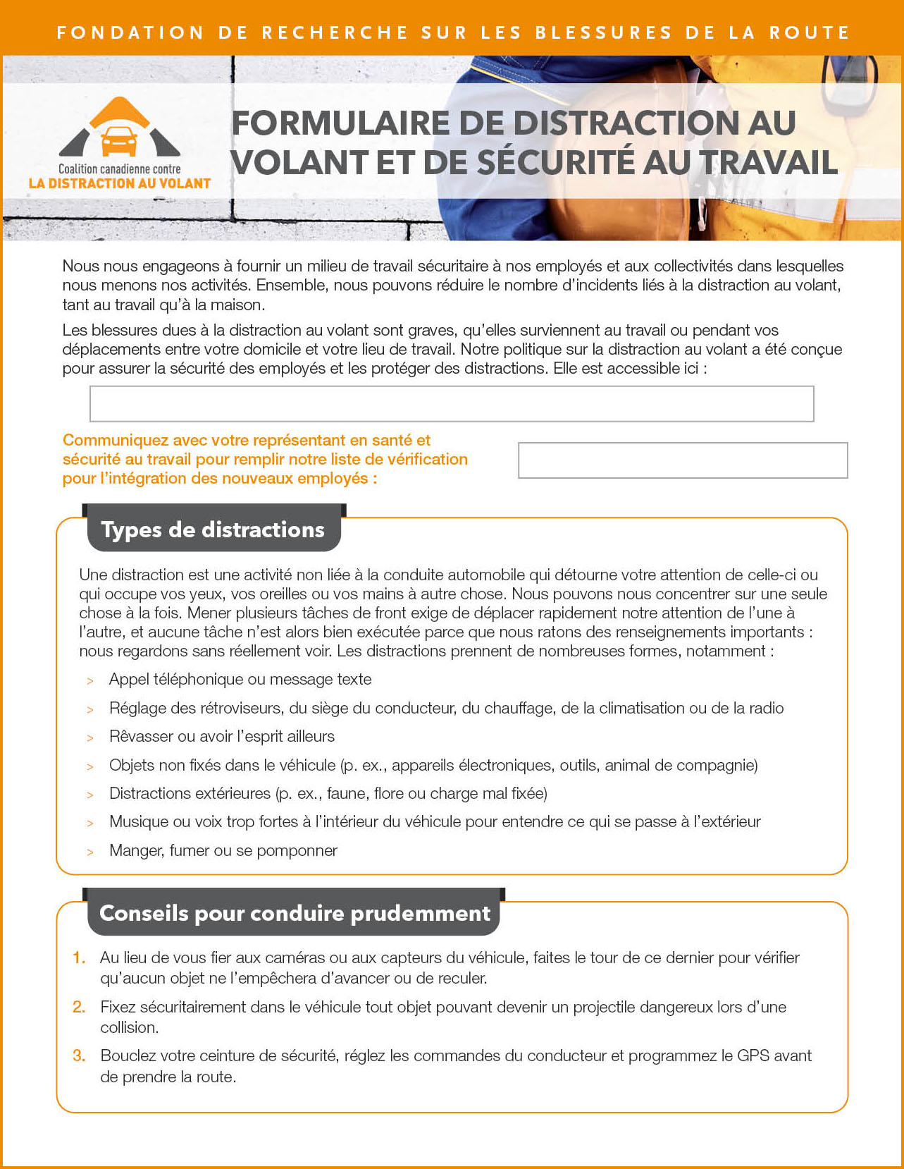 Formulaire de distraction au volant et de sécurité au travail