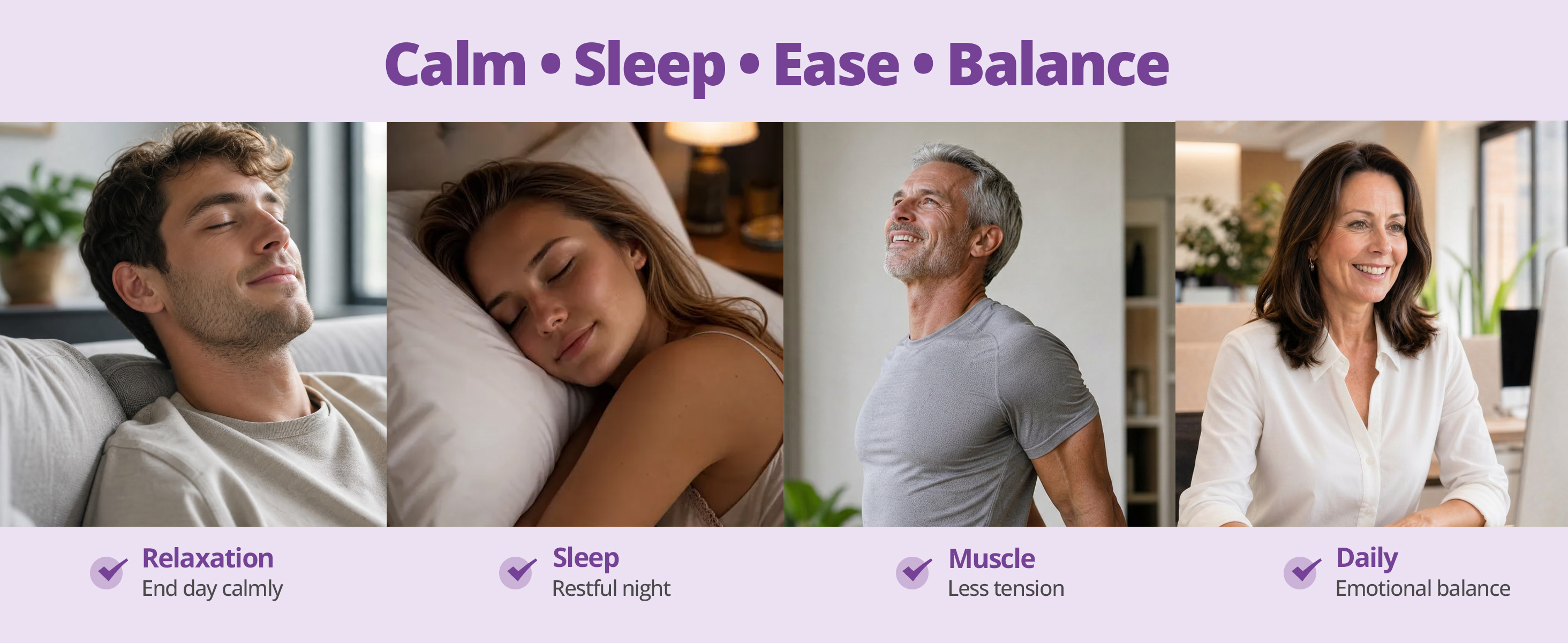 Diverse adults enjoying calm, sleep, muscle ease, and daily balance benefits supported by Frishantic magnesium glycinate wellness routine.