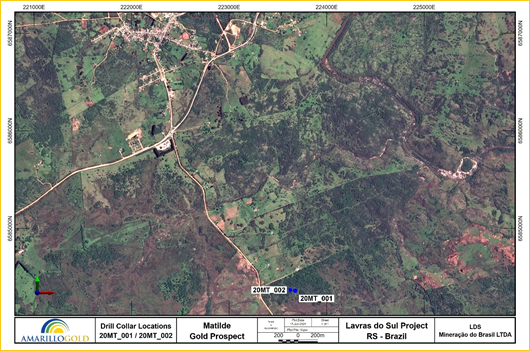 FIGURE 1: PLAN VIEW SHOWING DRILL COLLAR LOCATIONS FOR HOLES 20MT_001 AND 20MT_002 AT MATILDE