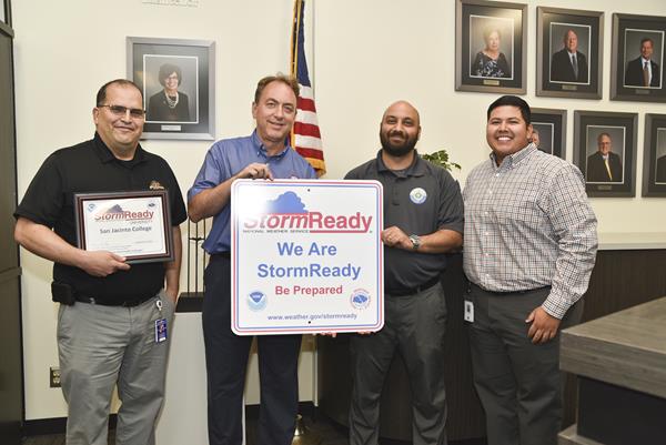 The National Weather Service recognized San Jacinto College as a Storm Ready Institution. Pictured, left to right, are: Frank Bengochea, City of Pasadena Emergency Management Coordinator; Dan Reilly, Warning Coordination Meteorologist with the Weather Forecast Office Houston / Galveston; Ali Shah, San Jacinto College Emergency Manager; and Johnny Morales, City of La Porte Assistant Emergency Management Coordinator Photo credit: Andrea Vasquez, San Jacinto College.
