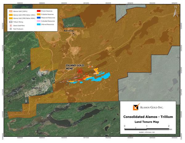 Figure 2: Alamos Gold and Trillium Mining Land Tenure Map – Surface Projection of Island Gold Mine Year End 2019 Mineral Reserves and Resources