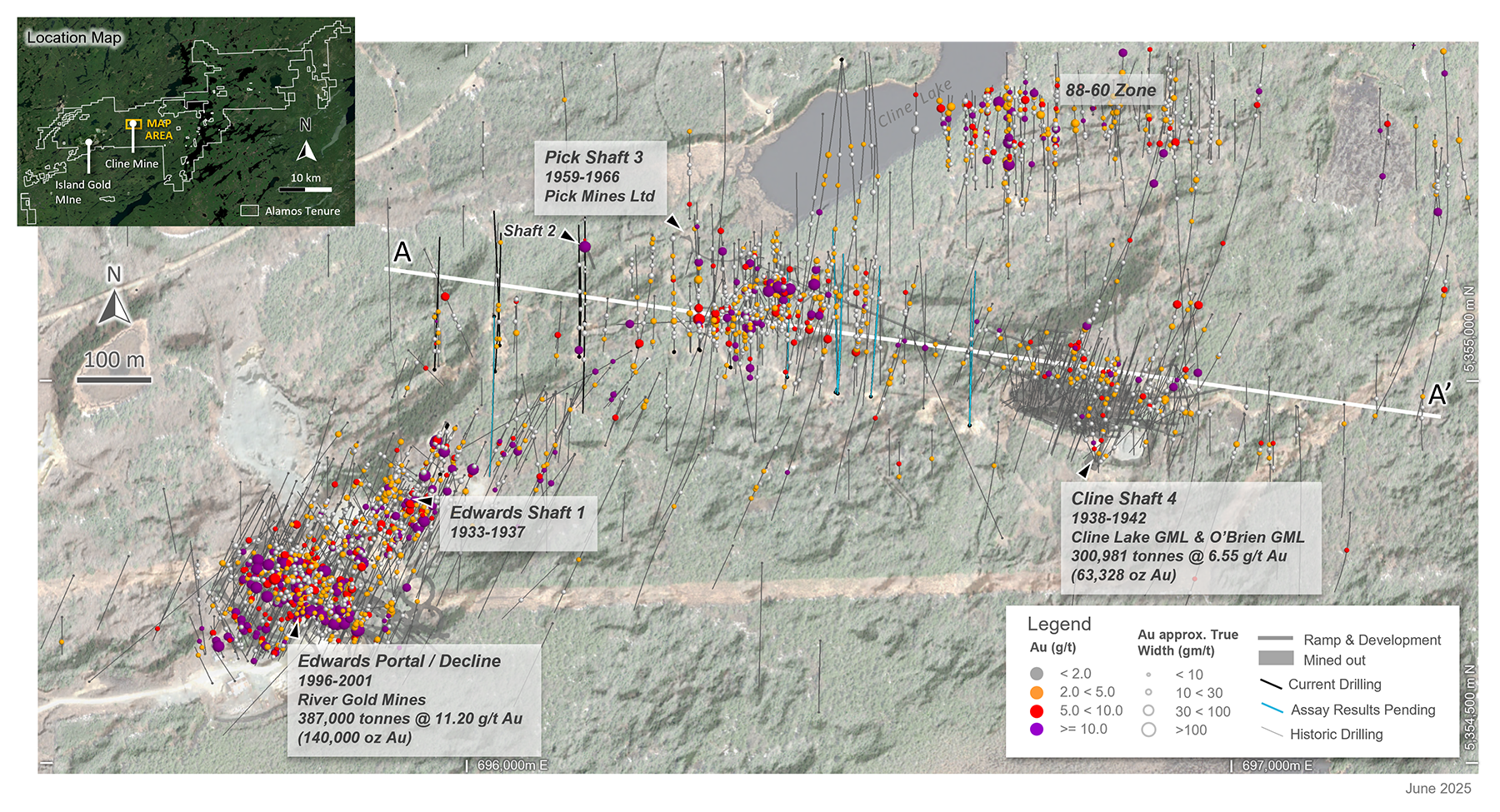 Figure 3 Cline-Pick Mines Plan Map with current and historic drilling