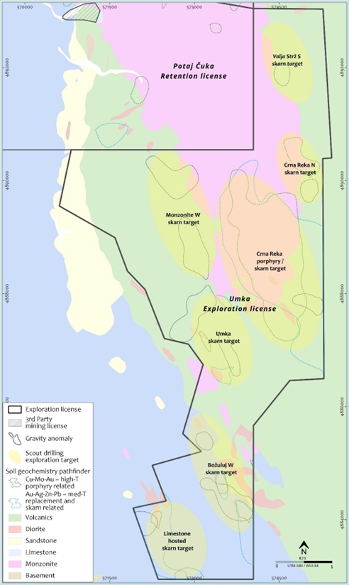 Overview map of Umka exploration licence outlining the exploration targets subject of the scout drilling campaign.