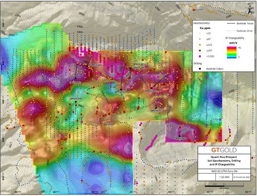 Quash Pass copper-in-soil anomalies, IP chargeability anomalies, borehole collars and traces, Tatogga Project, northwestern BC.