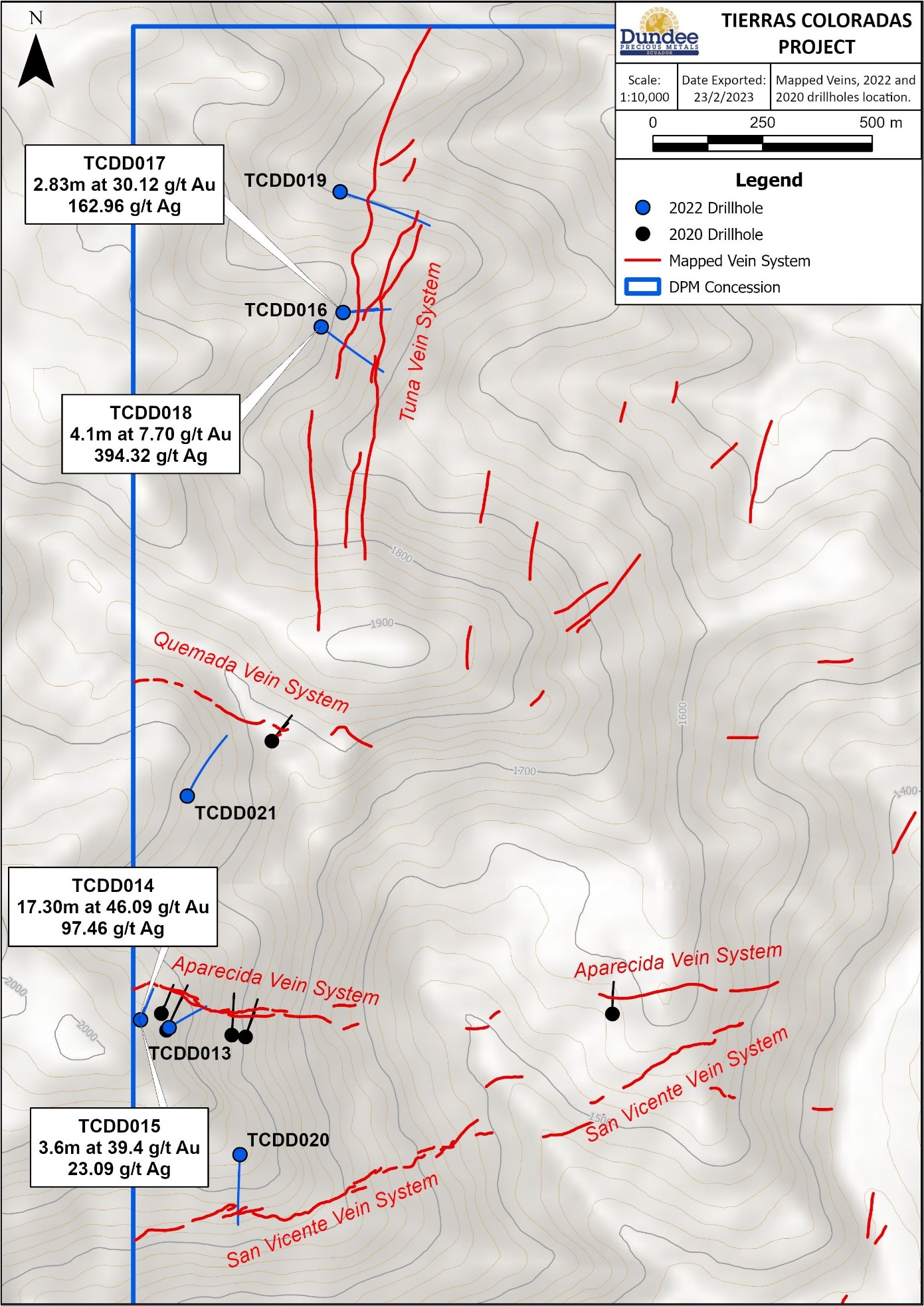 Tierras Coloradas Concessions 2022 drill hole locations