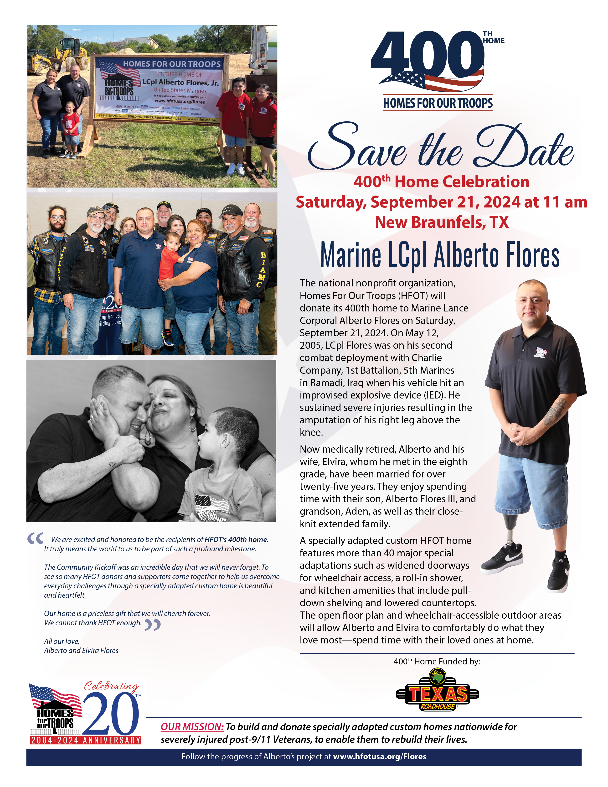 Homes For Our Troops to donate its 400th specially adapted custom home to injured Marine in New Braunfels, TX 