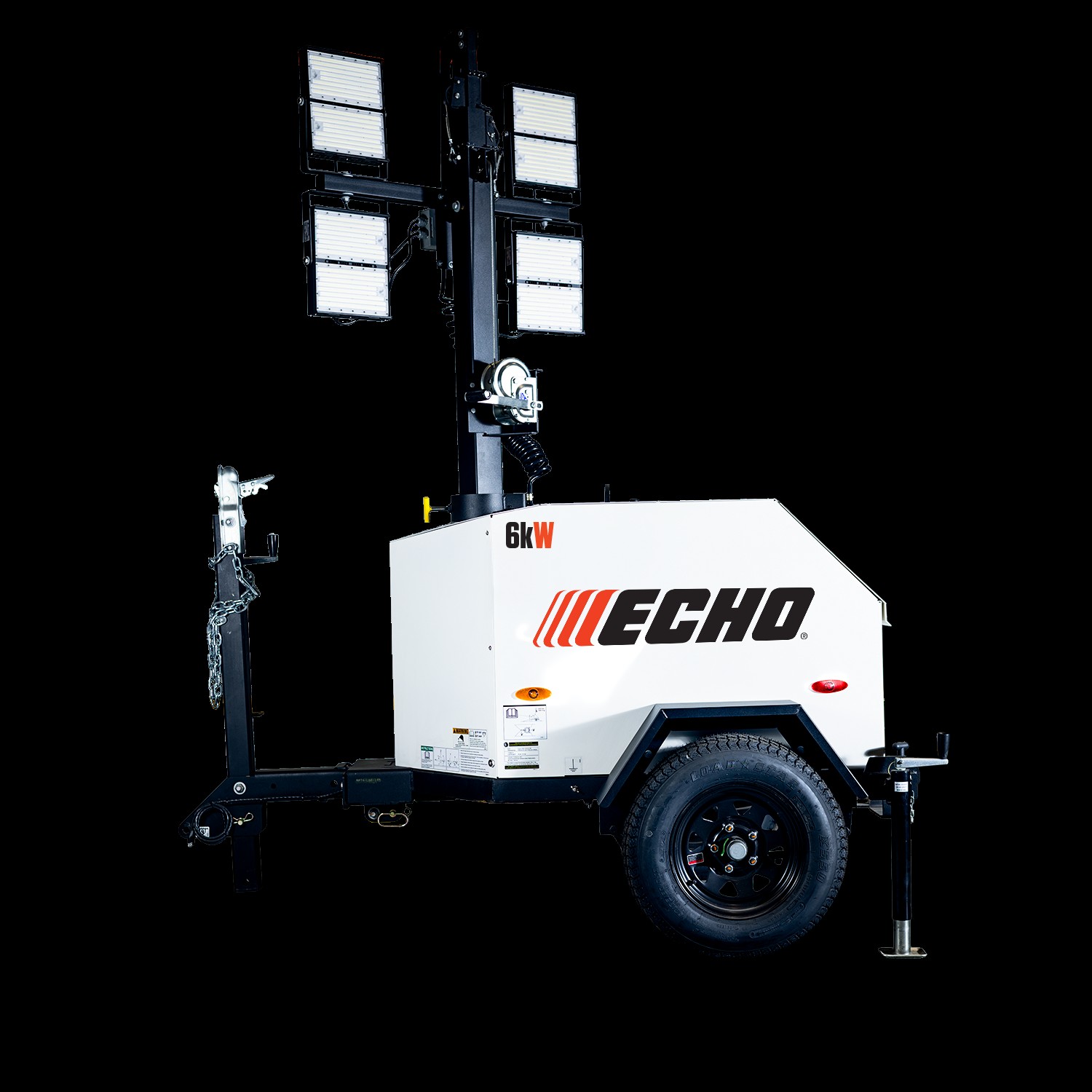 ECHO IPE DLT6 mobile LED light tower with six LED light panels on a vertical mast, mounted on a towable trailer with stabilizing outriggers.