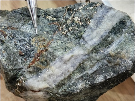 Figure 3 – Altered Diorite Specimen Displaying Covellite and Quartz-Molybdenum Vein with Pyrite and Chalcopyrite in Veinlets and Disseminations