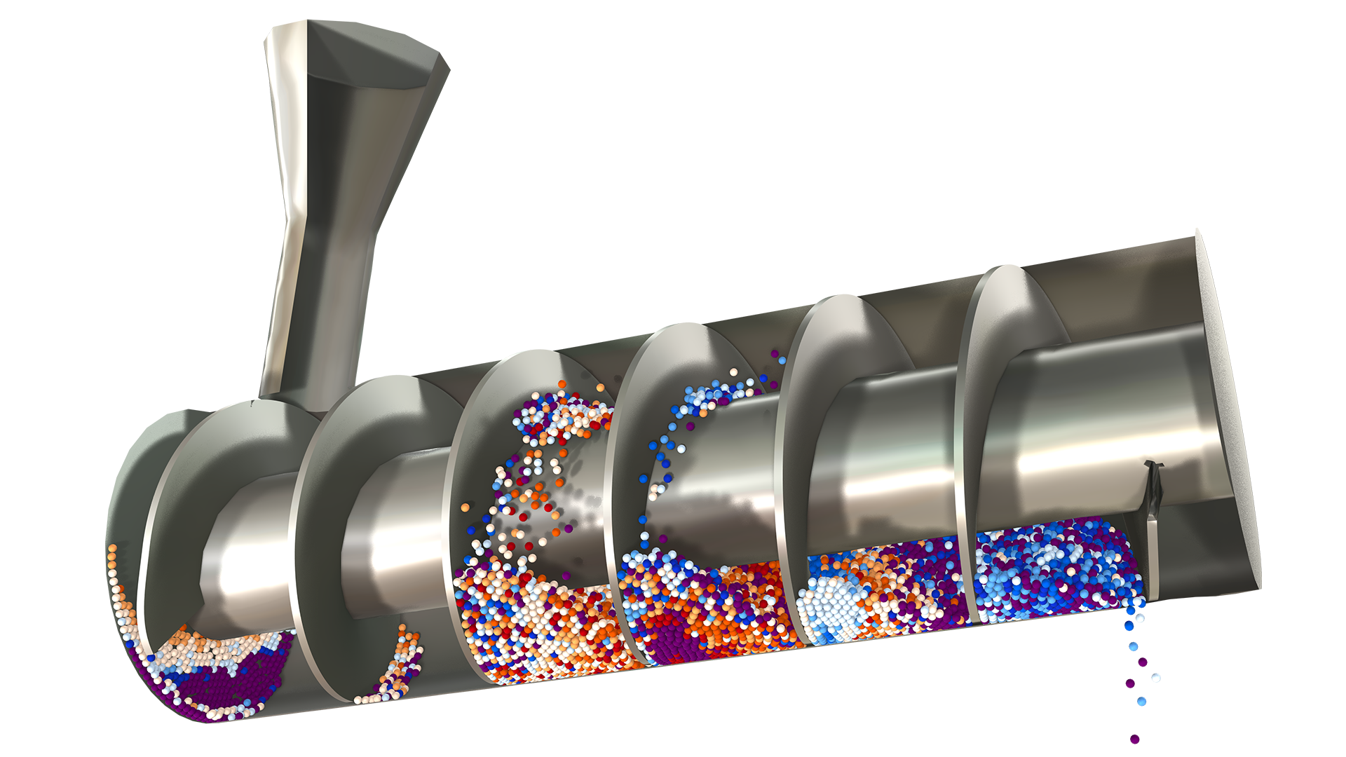 A 3D model of grains being transported using a screw conveyor