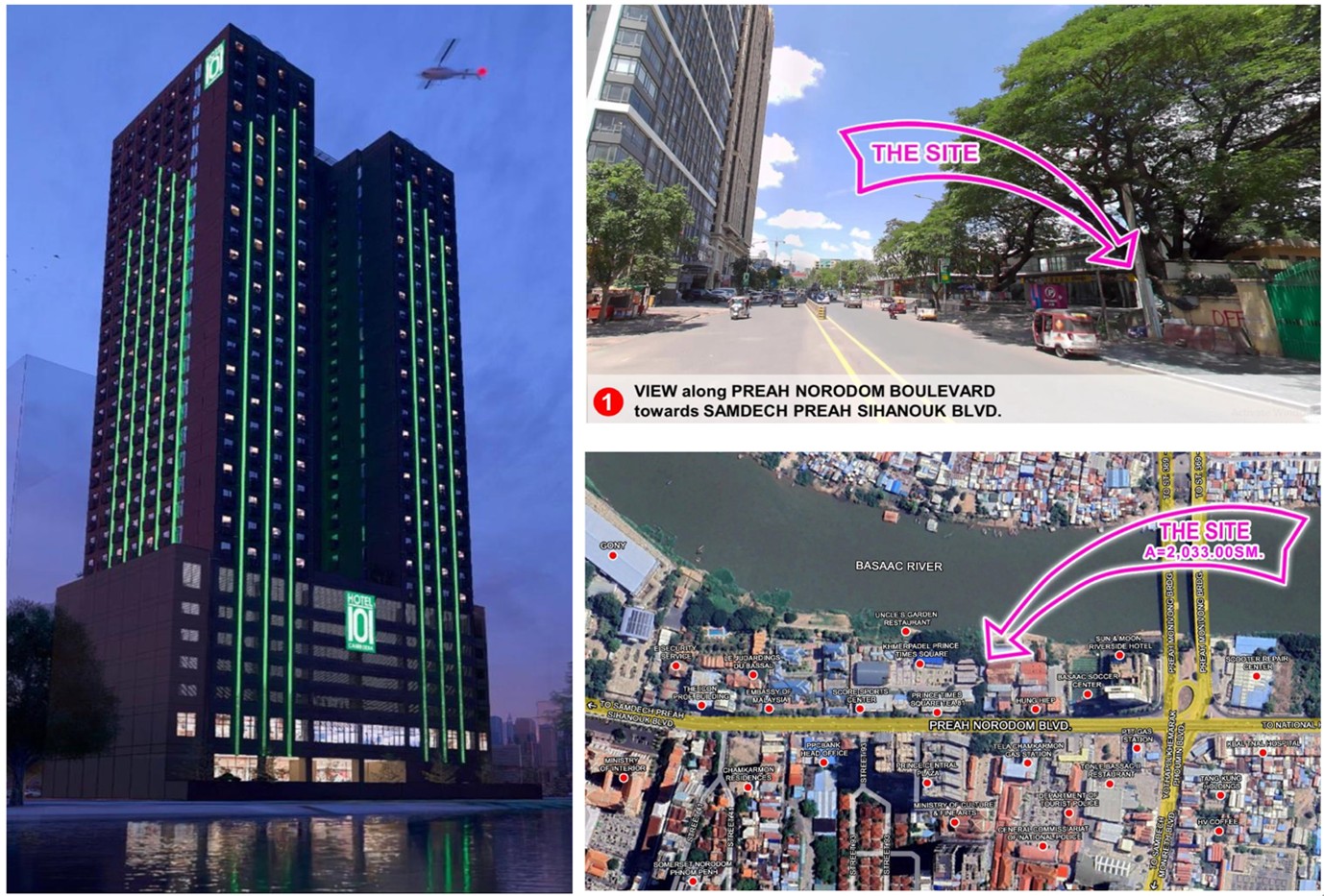 Perspective and site location of Hotel101-Phnom Penh, Cambodia set to have approx. 700 rooms and 30 floors