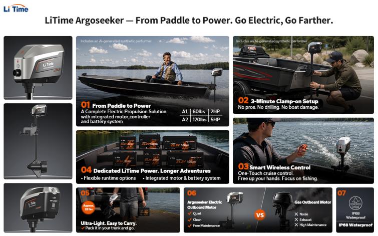 LiTime Argoseeker electric outboards featuring clamp-on setup, wireless control, LiFePO4 power and IP68 protection.
