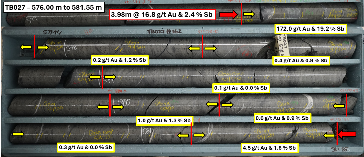 Photograph of True Blue intercept from TB027 (16.8 g/t gold & 2.4 antimony over 3.98 m (ETW 2.43 m).