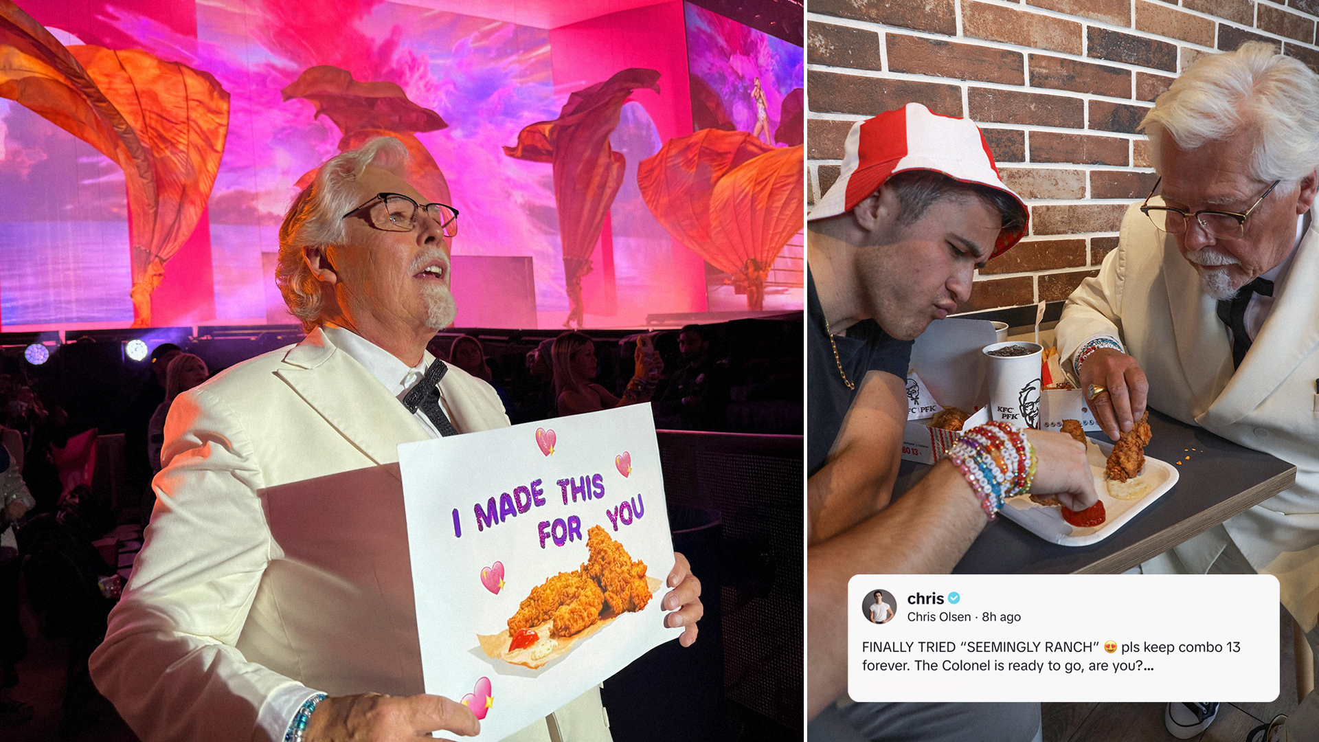 Influencer Chris Olsen helped The Colonel get ready for Canada's most anticipated concert. They enjoyed KFC's new Combo 13 together, created custom hand-crafted bracelets and a fan poster that read 