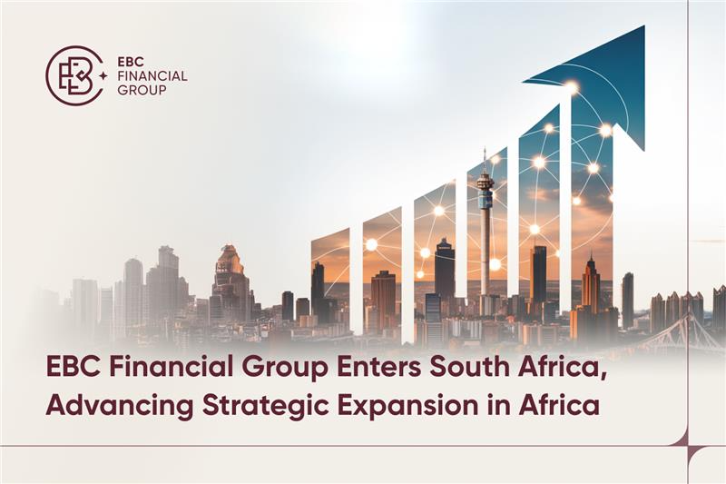 Graphic showing upward financial indicators alongside South Africa’s outline, representing EBC Financial Group’s expansion into the region.
