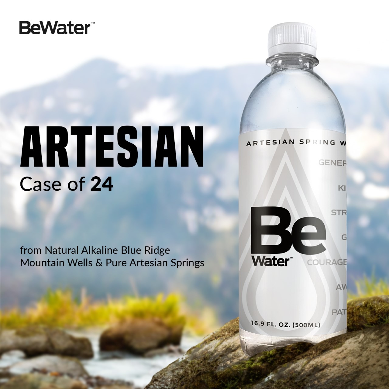BE WATER,  a premium artesian bottled water that supports total body health and wellness
