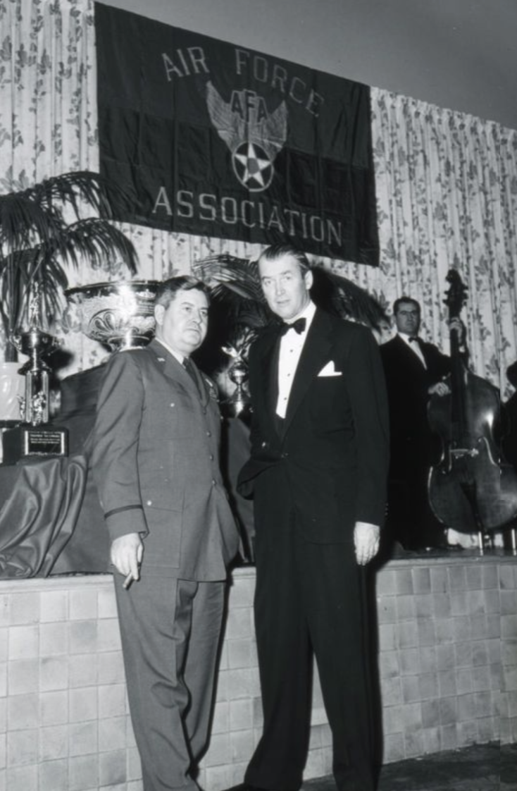 Brig. Gen. James "Jimmy" Stewart (right), one of 12 founding members of the Air & Space Forces Association, with Gen. Curtis LeMay at a 1955 AFA event. Photo courtesy of the Department of the Air Force.