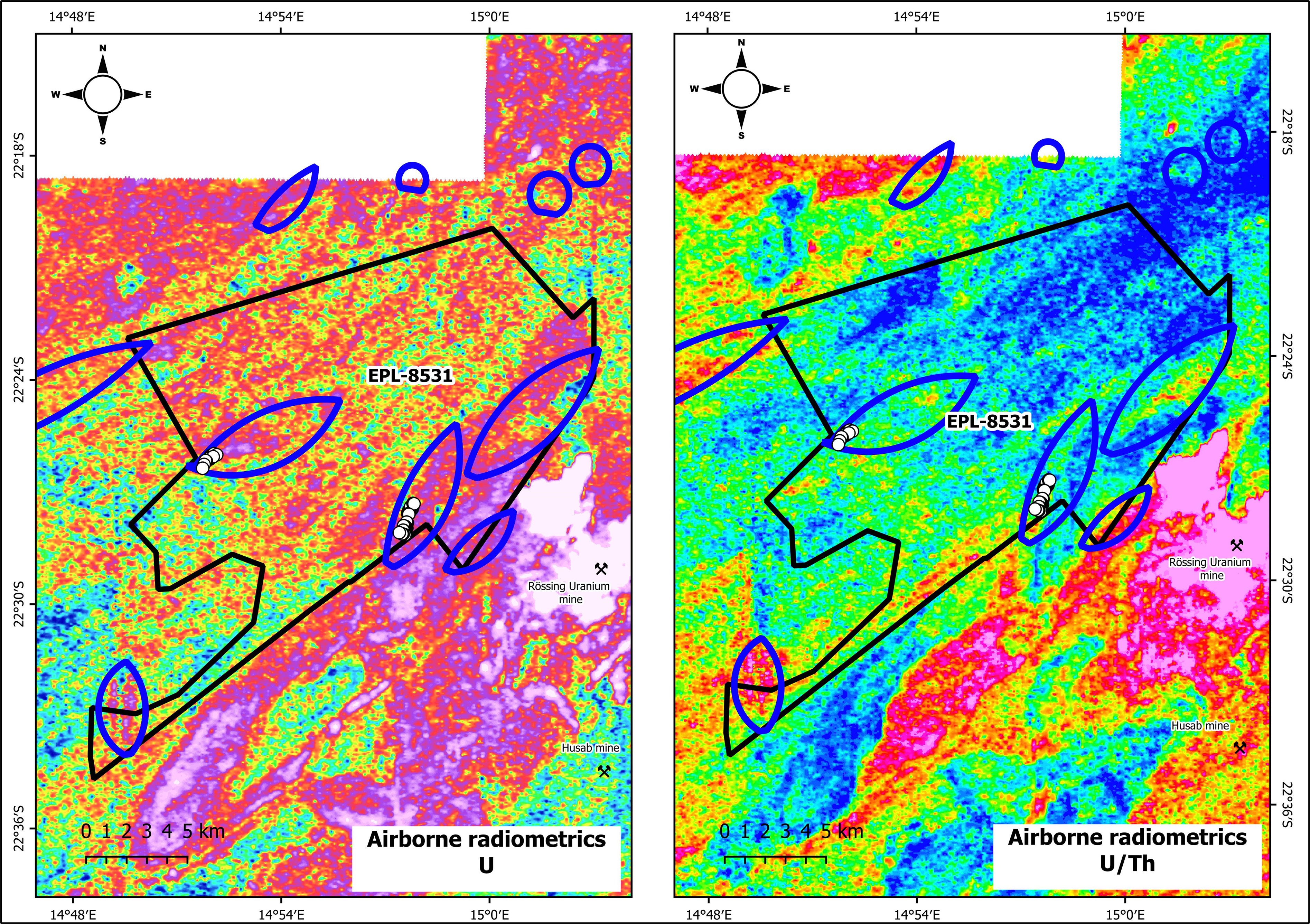 Airborne radiometric signature and targets (blue outline) over EPL-8531. The white dots represent drillholes over the two different targets.