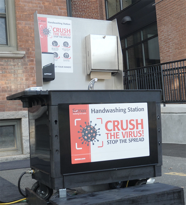 Eemax Inc Portable Handwashing Station set up for outdoor use in the Waterbury, Connecticut school district.