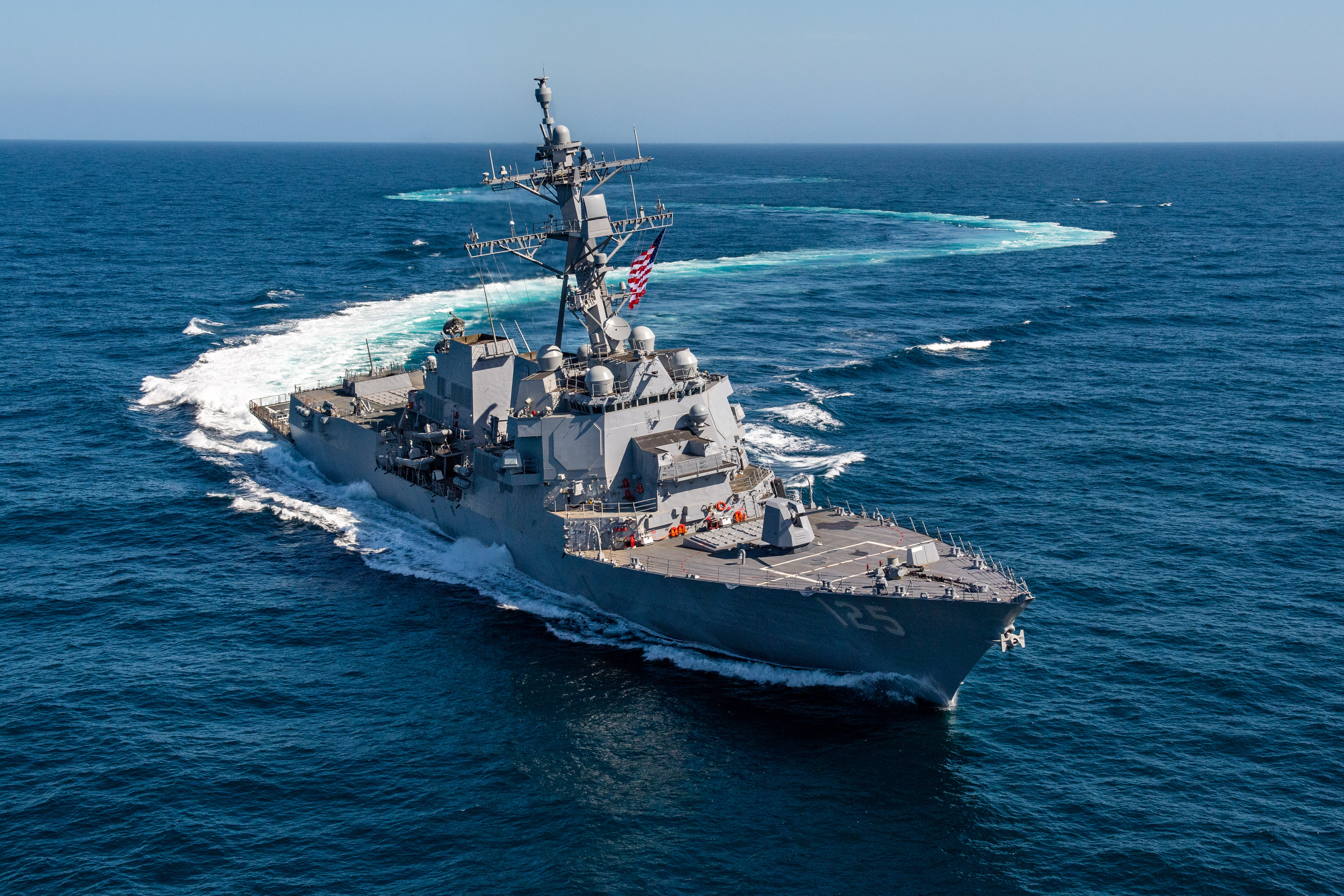 HII’s Ingalls Shipbuilding division was award a cost-plus-award fee contract from the U.S. Navy on Fri., Nov. 17 for follow yard support of the Navy’s Arleigh Burke-class (DDG 51) destroyer program.  Pictured is USS Jack H. Lucas (DDG 125) during builder’s trials in April 2023. USS Jack H. Lucas is the most recent Ingalls-built Arleigh Burke-class destroyer commissioned into the U.S. Navy.