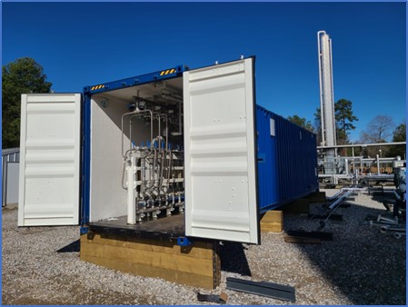 Initial installation of the Carbon Capture Pilot Plant at the testing site in southern Arkansas. The plant is located at a natural gas processing faciilty and will be used to assess the feasibility of CO2 capture from natural gas burning flue emissions.
