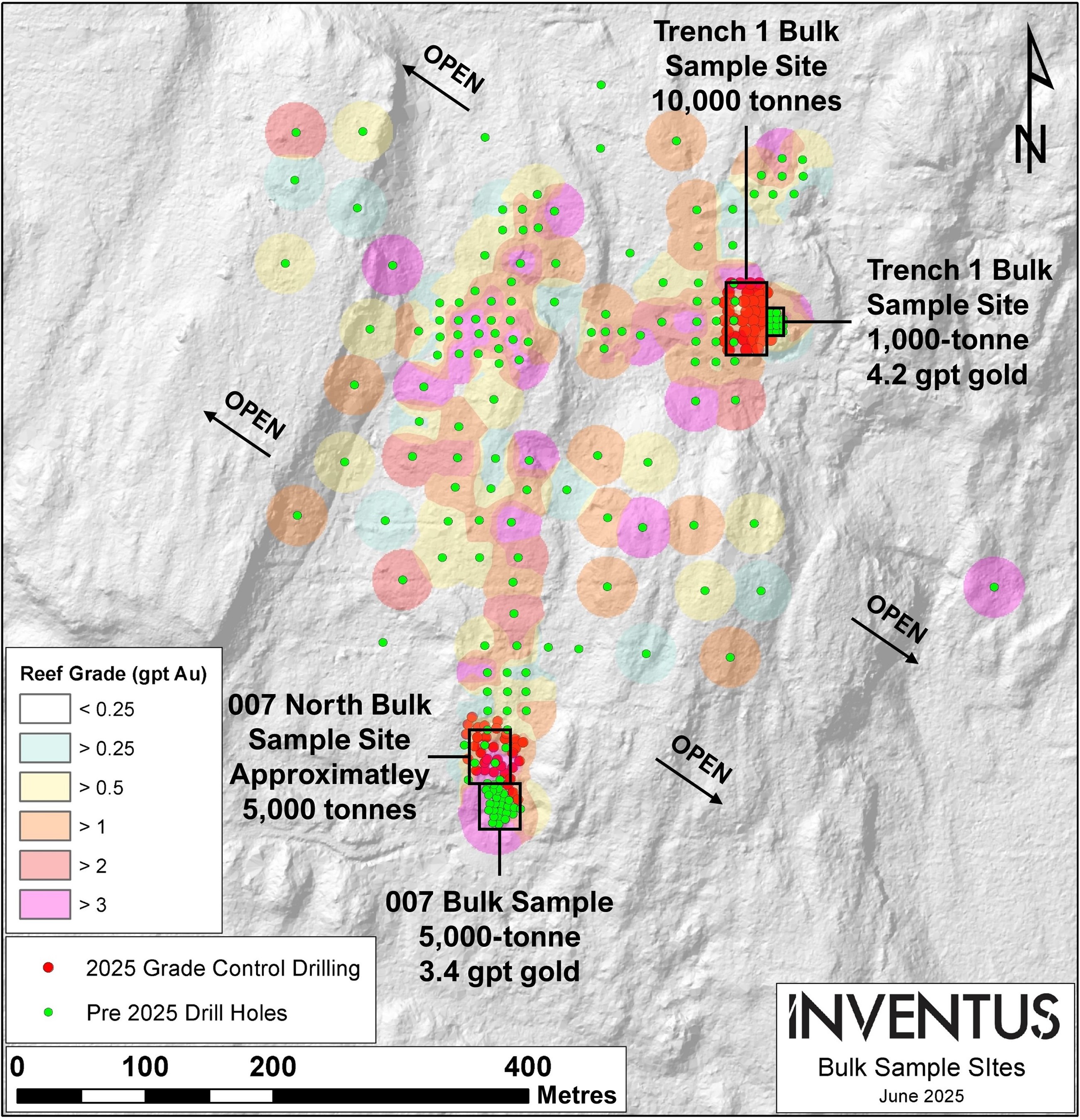 Plan map illustrating the location of the 007 North and Trench 1 Bulk Sample Sites with Lidar background. 