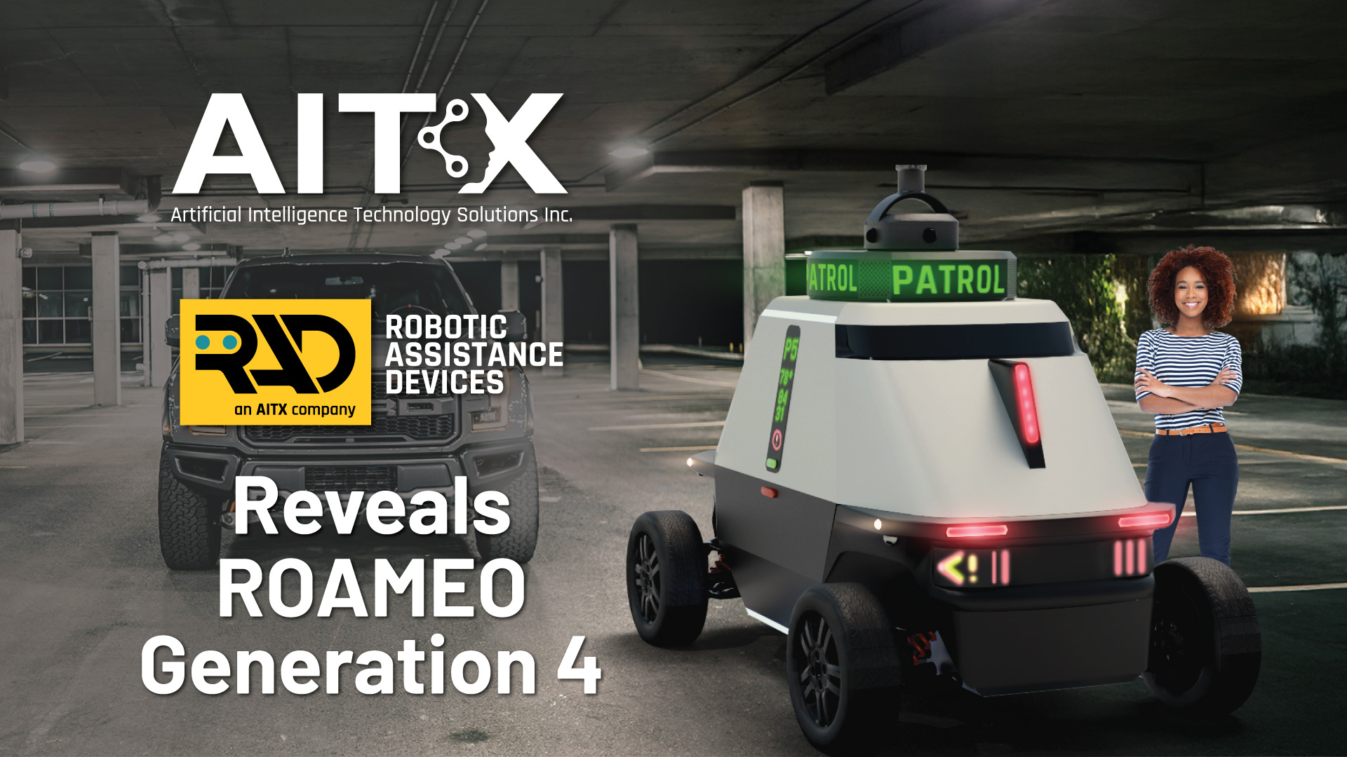 ROAMEO Gen 4, the latest in autonomous security technology from AITX's RAD, stands ready to patrol and protect with unmatched visibility and advanced AI capabilities.