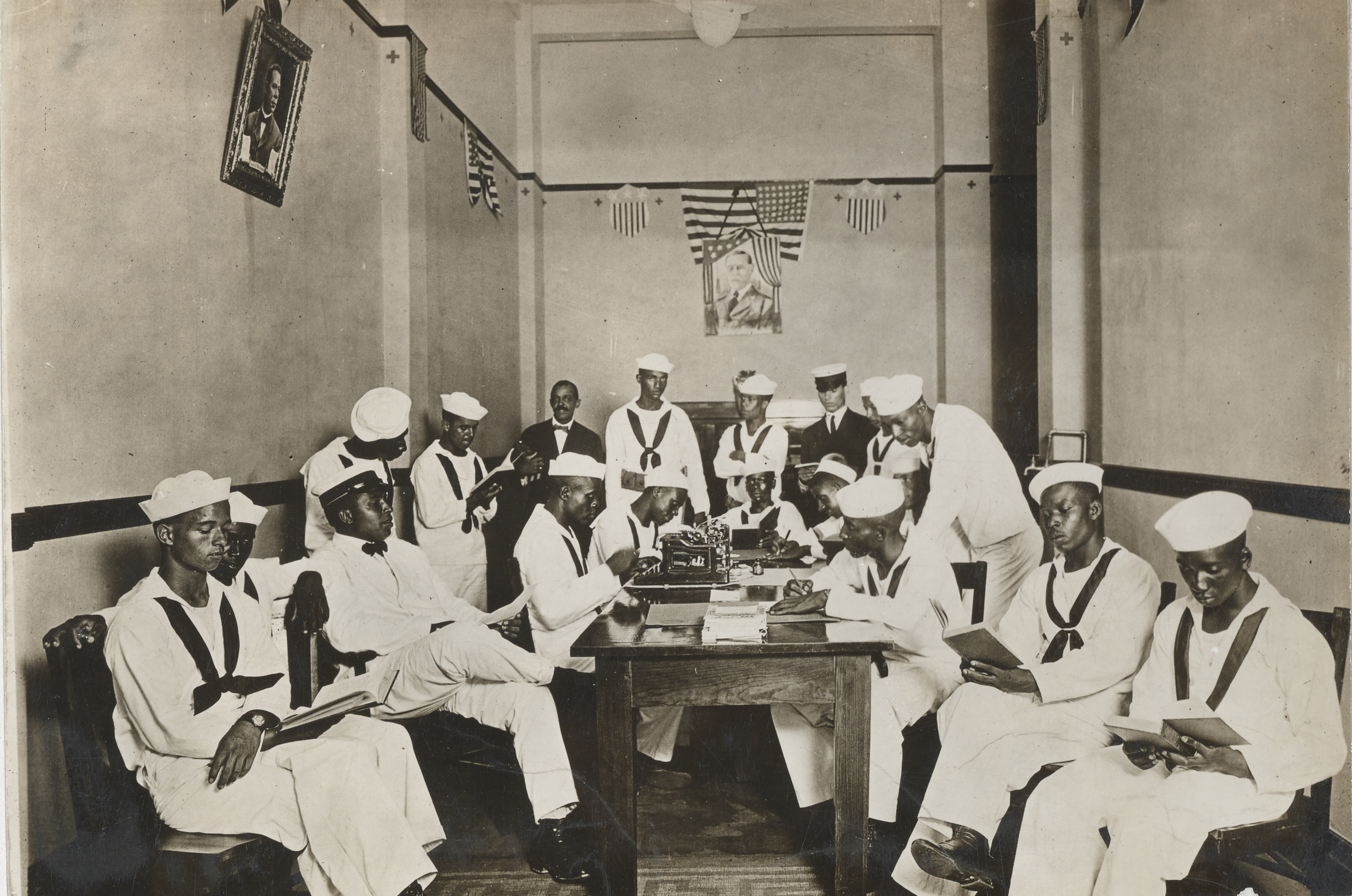 Sailors reading, writing, and relaxing at the Red Cross Rest Room in New Orleans 
National Archives (165-WW-127A-016)