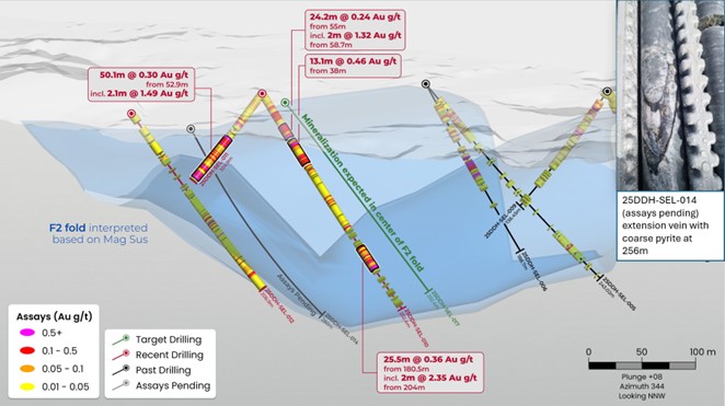 Golden Hand drilling outlining a large open fold that is superimposed on the folds hosting gold at the Jons trend. The interference of these two folds is a likely structural trap for secondary gold enrichment and is tested with drill hole 25DDH-SEL-017. 