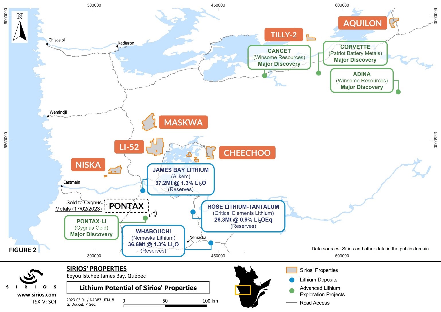 Location of Sirios’ projects in relation to lithium deposits and discoveries.