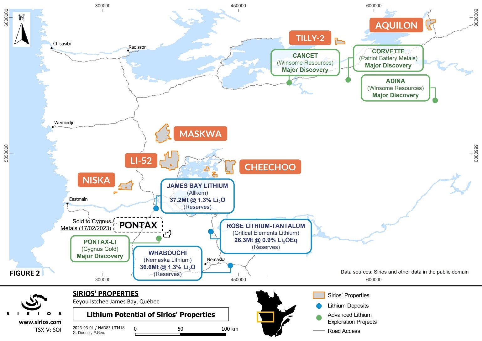 Localisation des projets de Sirios par rapport aux gisements et découvertes de lithium.