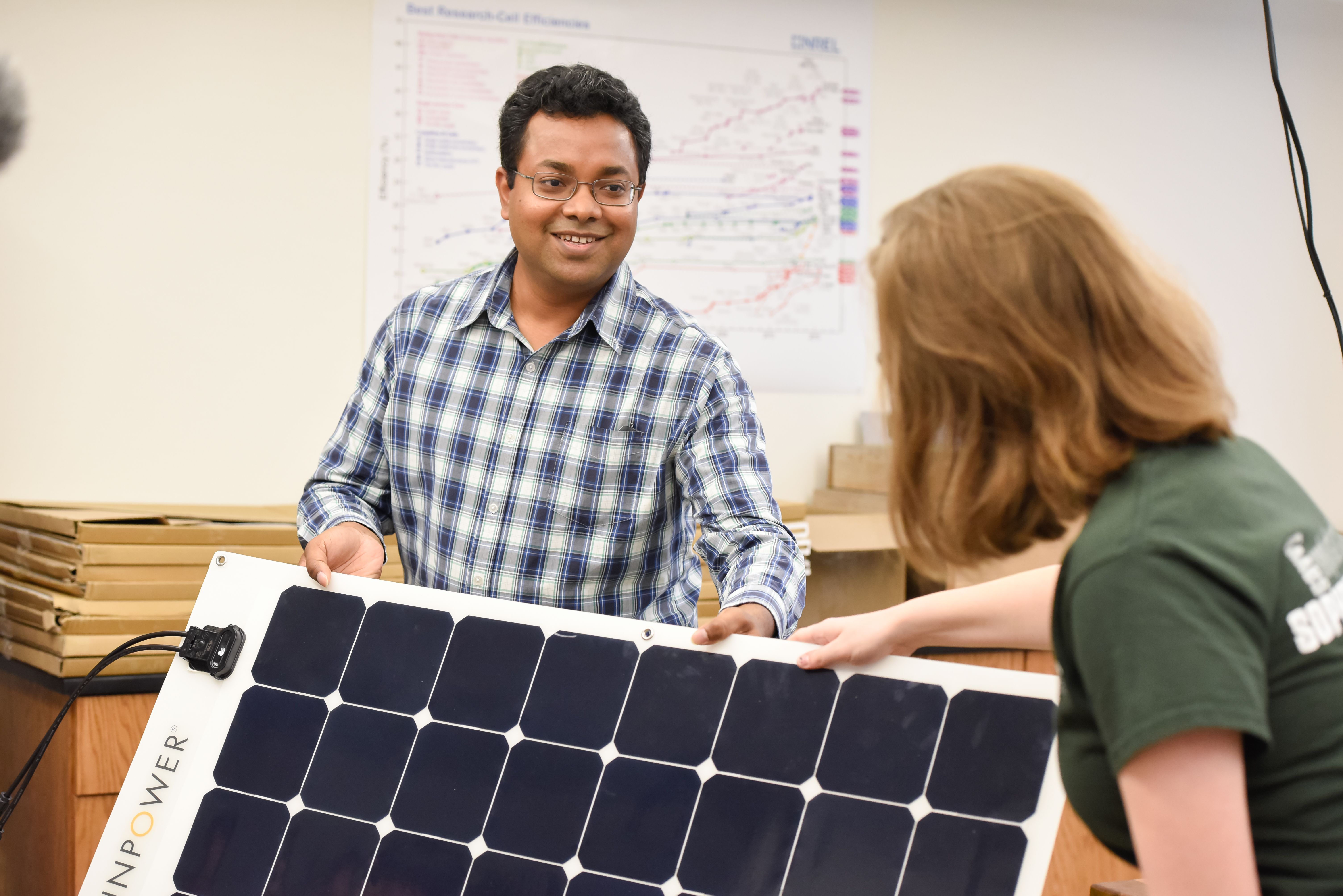 Dr. Hasitha Mahabaduge working on a solar panel at Georgia College.