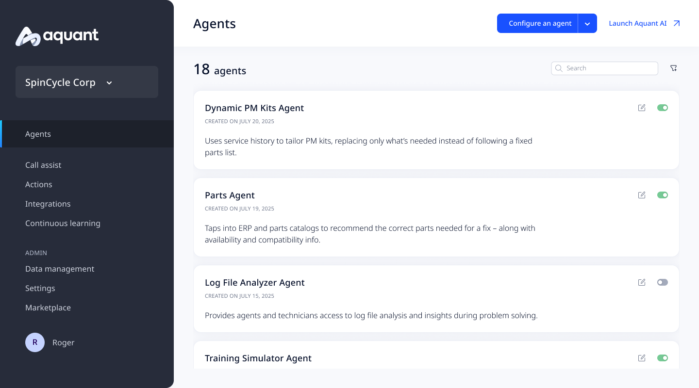 UI of Aquant's agent dashboard