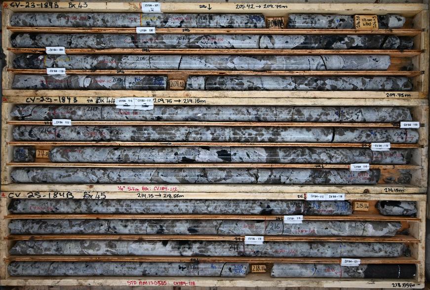 Figure 6: High-grade (~1.9% Li2O) spodumene pegmatite in drill hole CV23-184, the most westwardly drill hole completed to date at CV5.