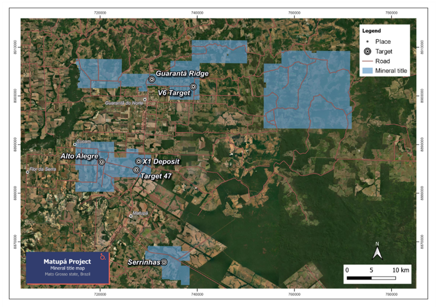 Matupá Project detailed map showing near mine exploration targets.