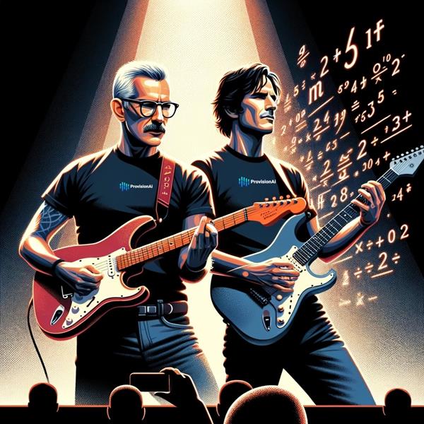 DALL·E 2024-02-09 20.44.11 - Illustration of two male rock musicians on a concert stage, similar to the last image but with specific adjustments. The 