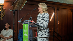 First Lady Jill Biden delivers remarks at the Congressional Families Cancer Prevention Program at the Library of Congress, Wednesday, April 19, 2023, in Washington, D.C.